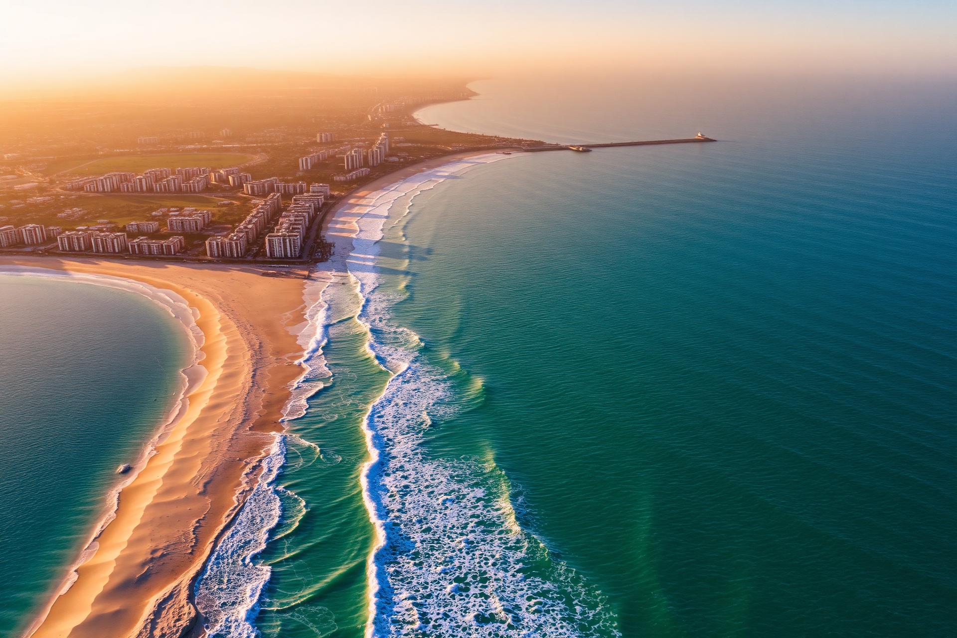 Aerial view of the Port Elizabeth beachfront and Algoa Bay at golden hour